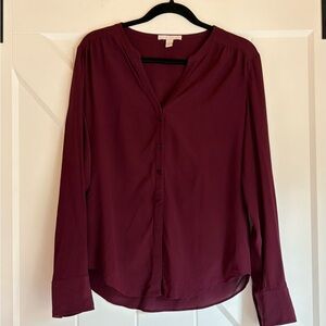 BOSS Hugo Boss 100% Silk Burgundy Blouse Button Front Long Sleeve Top Medium